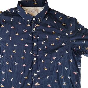 Original Penguin Mens L Navy Blue Surfer Print Short Sleeve Button Down Shirt